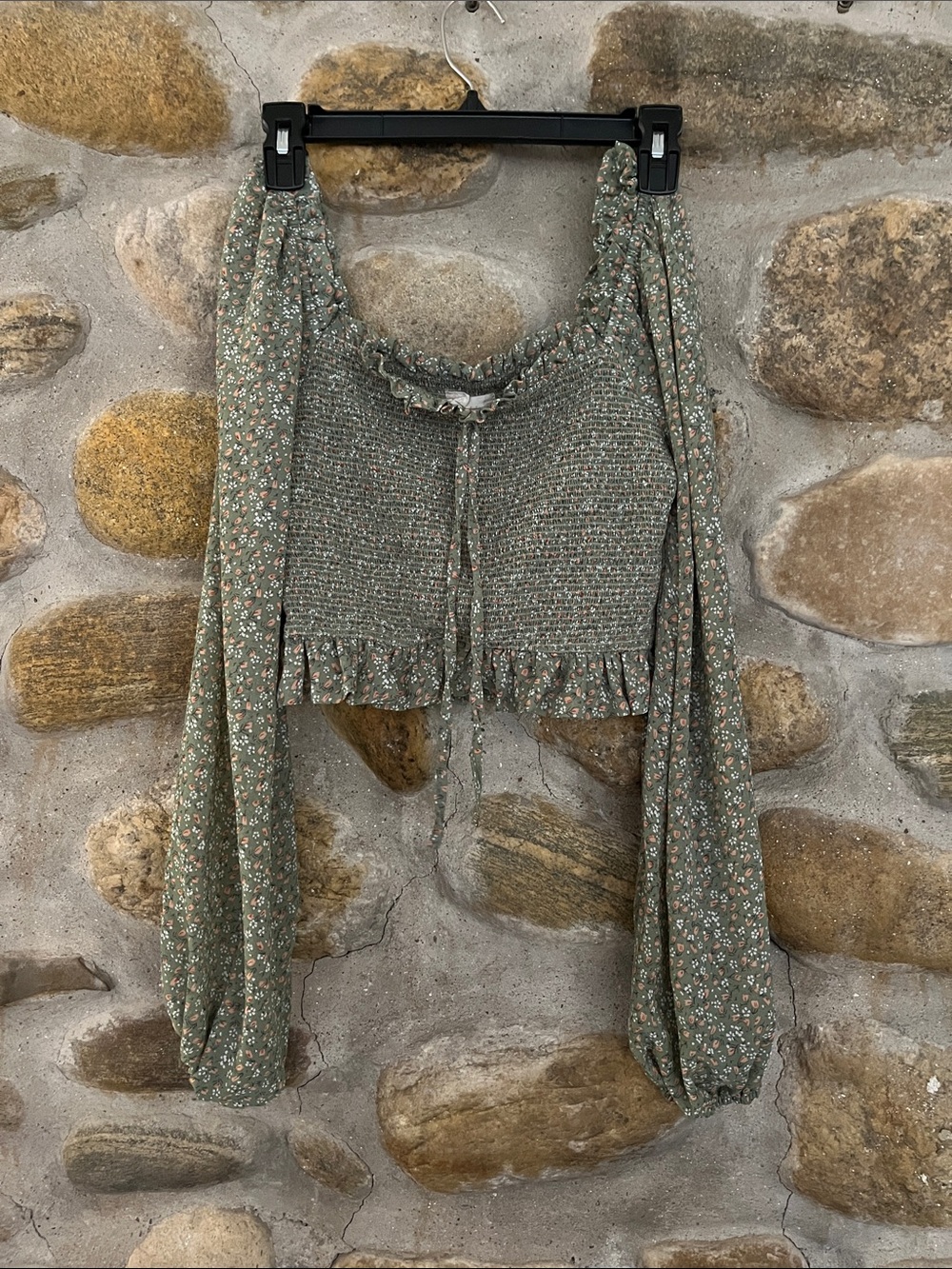 Altar'd State Sage Green Floral Smocked Peasant Top